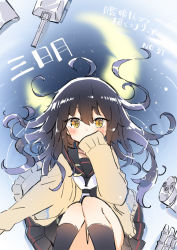 Rule 34 | 10s, 1girl, ahoge, covered mouth, floating, floating hair, kantai collection, long hair, mikazuki (kancolle), school uniform, skirt, sodapop (iemaki), solo, yellow eyes