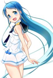 Rule 34 | 1girl, arms behind back, bare arms, blue eyes, blue hair, blue neckerchief, blush, commentary request, kantai collection, long hair, looking at viewer, looking to the side, neckerchief, open mouth, sailor collar, samidare (kancolle), school uniform, serafuku, shirt, sidelocks, simple background, skirt, sleeveless, sleeveless shirt, smile, solo, swept bangs, very long hair, white background, white serafuku, white skirt, yokoshima (euphoria)