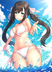 Rule 34 | 1girl, bikini, black hair, blue sky, blush, breasts, cleavage, cloud, collarbone, commentary request, day, front-tie top, green eyes, hair ribbon, large breasts, long hair, looking at viewer, navel, open mouth, original, outdoors, partially submerged, ribbon, side-tie bikini bottom, sky, smile, solo, splashing, standing, swimsuit, twintails, wading, water, wet, white bikini, yomono