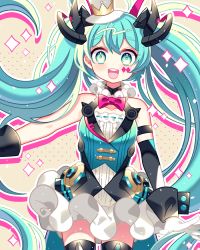 Rule 34 | 1girl, :d, ahoge, aqua hair, bad id, bad pixiv id, bare shoulders, black sleeves, black thighhighs, blue vest, blush, breasts, brown background, collarbone, detached sleeves, dress, facial mark, gloves, green eyes, hair between eyes, hair ornament, hat, hatsune miku, ie (nyj1815), long hair, long sleeves, looking at viewer, medium breasts, mini hat, mini top hat, open mouth, round teeth, simple background, sleeveless, sleeveless dress, smile, solo, sparkle, teeth, thick eyebrows, thighhighs, tilted headwear, top hat, twintails, upper teeth only, very long hair, vest, vocaloid, white dress, white gloves, white hat, wrist cuffs