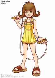 Rule 34 | 1990s (style), 1girl, :3, brown hair, dress, female focus, final fantasy, final fantasy viii, full body, highres, jump rope, kingdom hearts, official art, retro artstyle, selphie tilmitt, short hair, simple background, solo, white background, yellow dress