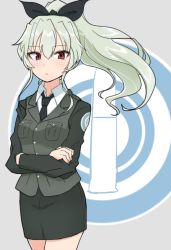 Rule 34 | 10s, 1girl, :&lt;, alternate costume, alternate hairstyle, anchovy (girls und panzer), brown eyes, buttons, crossed arms, emblem, girls und panzer, green hair, hair between eyes, hair ribbon, high ponytail, hinomaru (futagun), long hair, long sleeves, looking at viewer, military, military uniform, necktie, aged up, pencil skirt, ponytail, ribbon, selection university military uniform, skirt, solo, uniform, vest, wind