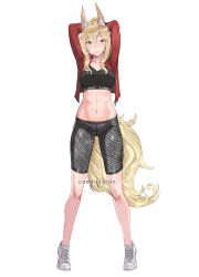 Rule 34 | 1girl, absurdres, animal ear fluff, animal ears, arknights, arms up, bike shorts, black shorts, blonde hair, breasts, collarbone, commentary request, commission, full body, hair between eyes, highres, horse girl, long hair, long sleeves, looking at viewer, medium breasts, midriff, navel, nearl (arknights), open clothes, open shirt, red shirt, shirt, shoes, shorts, sidelocks, simple background, sirari, smile, sneakers, solo, sports bra, standing, stomach, tail, thighs, white background, white footwear, yellow eyes