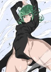 Rule 34 | 1girl, absurdres, arms up, black dress, breasts, cleft of venus, covered erect nipples, curly hair, dress, gluteal fold, green eyes, green hair, highres, impossible clothes, j.h., no panties, one-punch man, pelvic curtain, side slit, small breasts, solo, tatsumaki