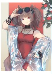 Rule 34 | 1girl, adjusting eyewear, angelina (arknights), angelina (summer flower) (arknights), animal ears, arknights, arm up, bare shoulders, black choker, breasts, brown hair, choker, commentary, cowboy shot, eyewear on head, flower, fox ears, fox tail, hand on own hip, highres, jewelry, kamatpit, long hair, looking at viewer, medium breasts, necklace, off shoulder, official alternate costume, one-piece swimsuit, red eyes, red flower, red one-piece swimsuit, smile, solo, spaghetti strap, standing, sunglasses, swimsuit, tail, twintails