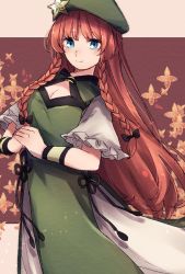 Rule 34 | 1girl, beret, braid, cleavage cutout, clothing cutout, hat, hat ornament, hong meiling, long hair, official alternate costume, oito (bowstringsmall), puffy short sleeves, puffy sleeves, red hair, short sleeves, side slit, star (symbol), star hat ornament, touhou, twin braids, wrist cuffs