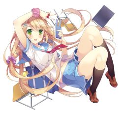 Rule 34 | 1girl, :p, animal band phone, arm up, bad id, bad pixiv id, bag, bag charm, black socks, blonde hair, blouse, blue skirt, blush, book, bookmark, bow, breasts, brown footwear, cable, chair, charm (object), clothes lift, desk, earphones, eyebrows, floating, floating hair, floating object, full body, green eyes, hair ornament, hair scrunchie, hairclip, holding, holding phone, kneehighs, loafers, long hair, looking at viewer, masushita, midriff peek, miniskirt, nail polish, navel, neckerchief, original, phone, pink nails, pleated skirt, polka dot, red bow, school bag, school chair, school desk, school uniform, scrunchie, serafuku, shirt, shirt lift, shoes, short sleeves, shoulder bag, simple background, skirt, small breasts, socks, solo, stomach, stuffed chicken, tongue, tongue out, very long hair, w, white background, white shirt, wrist scrunchie