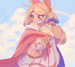 Rule 34 | 1girl, absurdres, bisexual female, bisexual flag, breasts, brown eyes, brown jacket, cleavage, cloud, collarbone, commentary, cudlil, cudlil (character), dress, facepaint, flag, hair behind ear, hair ribbon, highres, holding, holding flag, jacket, lgbt pride, light brown hair, long hair, looking back, medium breasts, original, rainbow, red ribbon, ribbon, sky, smile, solo, sticker on face, symbol-only commentary, white dress