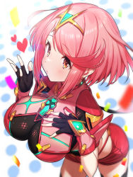 Rule 34 | 1girl, absurdres, black gloves, black thighhighs, blush, breasts, chest jewel, earrings, fingerless gloves, gloves, green322, heart, highres, jewelry, large breasts, looking at viewer, puckered lips, pyra (xenoblade), red eyes, red hair, red shorts, short hair, short shorts, shorts, solo, swept bangs, thighhighs, tiara, xenoblade chronicles (series), xenoblade chronicles 2