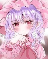 Rule 34 | 1girl, blush, dress, frills, hair between eyes, hat, hat ribbon, jaku sono, looking at viewer, mob cap, nail polish, parted lips, pink hat, pointy ears, puffy sleeves, red eyes, red ribbon, remilia scarlet, ribbon, short hair, solo, touhou, upper body, wrist cuffs