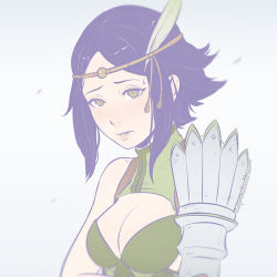 Rule 34 | 1girl, artist name, asymmetrical clothes, bare shoulders, black hair, blush, breasts, circlet, cleavage, cleavage cutout, clothing cutout, expressionless, feather hair ornament, feathers, female focus, fire emblem, fire emblem awakening, green eyes, green shirt, feather hair ornament, koyorin, looking at viewer, medium breasts, nintendo, noire (fire emblem), nose blush, pale color, parted lips, pink lips, shirt, short hair, shoulder pads, simple background, sleeveless, sleeveless shirt, solo, sweatdrop, tassel, watermark, web address, white background