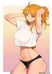 Rule 34 | 1girl, absurdres, arm tattoo, arms behind head, arms up, artist name, ass, black panties, border, breasts, commentary, english commentary, grin, hand in own hair, highres, large breasts, light blush, long hair, looking at viewer, nami (one piece), navel, one piece, orange eyes, orange hair, panties, shirt, short sleeves, shouroro, smile, solo, tattoo, thick thighs, thighs, underwear, white shirt