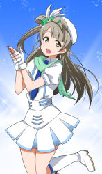 Rule 34 | 10s, 1girl, :d, beret, blue necktie, boots, bow, earrings, feather hair ornament, feathers, fingerless gloves, gloves, green bow, green scarf, grey hair, hair bow, hair ornament, hairpin, hat, jewelry, kidachi, long hair, love live!, love live! school idol project, minami kotori, necktie, one eye closed, one side up, open mouth, scarf, skirt, smile, solo, white gloves, wink, wonderful rush, yellow eyes