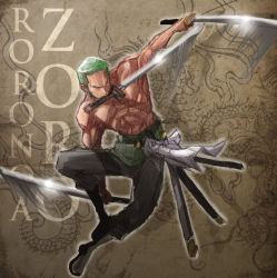 Rule 34 | 1boy, abs, boots, character name, dragon, dual wielding, frown, green hair, haramaki, holding, jumping, male focus, mouth hold, muscular, one piece, roronoa zoro, topless male, solo, sword, weapon