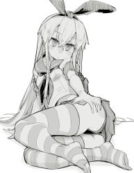 Rule 34 | 1girl, crop top, elbow gloves, full body, gloves, greyscale, hairband, highleg, highleg panties, highres, kantai collection, long hair, looking at viewer, lying, microskirt, miniskirt, monochrome, neckerchief, on side, panties, pleated skirt, salamander (hop-step), shimakaze (kancolle), skirt, solo, striped clothes, striped thighhighs, thighhighs, underwear