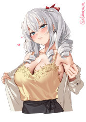 Rule 34 | 1girl, blue eyes, breasts, cleavage, collarbone, cowboy shot, ebifurya, grey hair, highres, kantai collection, kashima (kancolle), large breasts, looking at viewer, one-hour drawing challenge, removing jacket, sidelocks, simple background, solo, tsurime, twintails, twitter username, undressing, wavy hair, white background