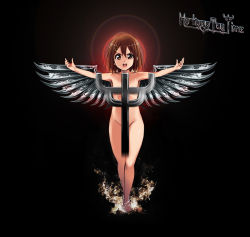 Rule 34 | 1girl, album cover, brown eyes, brown hair, censored, completely nude, convenient censoring, cover, fire, hair ornament, hairclip, hirasawa yui, judas priest, k-on!, kaiga, nude, parody, solo, wings
