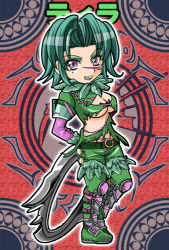 Rule 34 | 1041 (toshikazu), 1girl, blade, breasts, character name, cleavage, green hair, grin, jewelry, looking at viewer, lowres, mole, purple eyes, ring, smile, solo, soul calibur, soulcalibur iii, standing, tira (soulcalibur), weapon