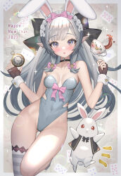 Rule 34 | 1girl, 2023, absurdres, ace (playing card), ace of spades, animal ears, asymmetrical bangs, black bow, black bowtie, blush, border, bow, bowtie, breasts, card, chinese zodiac, choker, cleavage, clothing cutout, collarbone, cup, fake animal ears, fingerless gloves, floral print, frilled headwear, gloves, gluteal fold, grey hair, grey leotard, hair bow, happy new year, highleg, highleg leotard, highres, hitowa, holding, holding pocket watch, leotard, long hair, looking at viewer, maid headdress, new year, original, outside border, pink bow, playboy bunny, playing card, pocket watch, pointy ears, purple eyes, rabbit, rabbit ears, side cutout, sidelocks, single thighhigh, small breasts, spade (shape), strapless, strapless leotard, striped clothes, striped thighhighs, tea, teacup, thighhighs, two-tone thighhighs, watch, wrist cuffs, year of the rabbit