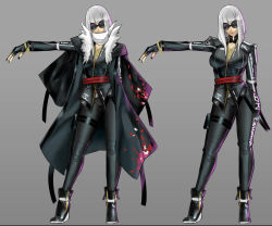 Rule 34 | 1girl, alternate breast size, ankle boots, blonde hair, boots, breasts, character profile, cleavage, coat, contrapposto, dual persona, eu03, fingerless gloves, gloves, grey background, jacket, japanese clothes, large breasts, multiple views, nail polish, original, scarf, short hair, standing, sunglasses, variations, white hair