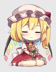 Rule 34 | 1girl, :3, = =, blonde hair, blush, closed eyes, closed mouth, crystal, fang, flandre scarlet, full body, grey background, hand up, hat, holding, holding stuffed toy, looking at viewer, looking back, mary janes, mob cap, one side up, red footwear, ruhika, shoes, short hair, short socks, simple background, sitting, skin fang, sleeping, sleeping upright, smile, socks, solo, stuffed animal, stuffed toy, teddy bear, touhou, upper body, wariza, white hat, white socks, wings, zzz