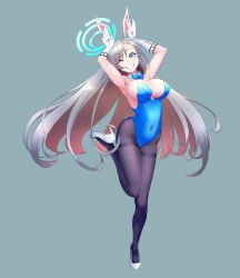 Rule 34 | 1girl, alternate costume, animal ears, artist request, asuna (blue archive), asuna (bunny) (blue archive), black pantyhose, blonde hair, blue archive, blue eyes, blue leotard, breasts, fake animal ears, full body, gloves, glvoes, grey background, halo, heels, large breasts, leotard, long hair, official alternate costume, one eye closed, one leg raised, pantyhose, playboy bunny, rabbit ears, smile
