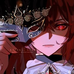 Rule 34 | 1boy, 1eternalstar, artist name, ascot, brooch, close-up, collared shirt, crossed bangs, diluc (genshin impact), genshin impact, gold trim, hair between eyes, hand up, highres, holding, holding mask, instagram username, jewelry, long hair, looking at viewer, male focus, mask, neck ruff, portrait, red eyes, red hair, serious, shirt, sidelocks, solo, twitter username, unfinished, watermark