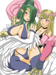 Rule 34 | 2girls, animal feet, animal hands, bare shoulders, black legwear, black neckwear, blonde hair, blue eyes, blush, breasts, choker, circlet, claws, cleavage, commentary request, duel monster, feathered wings, feathers, garter straps, green hair, hair ornament, hair over one eye, hand on another&#039;s shoulder, harpie girl (yu-gi-oh!), harpie queen, harpy, heart, heart hair ornament, horohhoro, large breasts, long hair, monster girl, multiple girls, open mouth, pink feathers, pink legwear, pink wings, pointy ears, ponytail, red eyes, simple background, thighhighs, white background, white feathers, white wings, winged arms, wings, yu-gi-oh!
