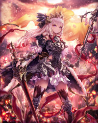 Rule 34 | 1girl, armor, bad hands, black thighhighs, bracer, clothing cutout, crown, flag, h2o (dfo), hair ornament, holding, holding sword, holding weapon, long hair, looking at viewer, original, outdoors, purple eyes, side cutout, solo, standing, sword, thighhighs, torn flag, weapon, white hair