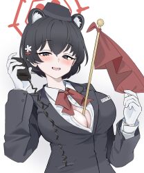 Rule 34 | 1girl, absurdres, animal ears, black eyes, black hair, black hat, blue archive, blush, bow, bowtie, buttons, collared shirt, extra ears, flag, gloves, hair between eyes, halo, hat, highres, holding, holding walkie-talkie, i3eancurd, long sleeves, looking at viewer, official alternate costume, open mouth, red bow, red bowtie, red halo, shirt, short hair, simple background, smile, solo, tsubaki (blue archive), tsubaki (guide) (blue archive), upper body, walkie-talkie, white background, white gloves, white shirt
