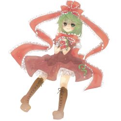 Rule 34 | 10-count, 1girl, boots, bow, cross-laced footwear, female focus, frills, front ponytail, full body, green eyes, green hair, hair bow, hair ribbon, hands on own chest, highres, kagiyama hina, lace-up boots, light particles, long hair, matching hair/eyes, ribbon, solo, touhou, transparent background, vjgek0608