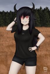 Rule 34 | 1girl, absurdres, black hair, black horns, black nails, black shirt, black shorts, bracelet, cloud, cloudy sky, contrapposto, demon, demon girl, demon horns, emo hairstyle, field, glowing, glowing eyes, goth fashion, hand in own hair, hand on own hip, highres, horns, jewelry, looking at viewer, necklace, original, pendant, pentagram necklace, red eyes, scythia (shadeception), self-upload, shadeception, sharp teeth, shirt, shorts, sky, smile, smug, spiked bracelet, spikes, t-shirt, teeth, thighs, yandere