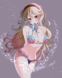 Rule 34 | 1girl, bare shoulders, bikini, bikini top only, blonde hair, blush, breasts, cleavage, corrin (female) (fire emblem), corrin (fire emblem), fire emblem, fire emblem cipher, fire emblem fates, food, hair between eyes, hair ornament, highres, ice cream, jewelry, large breasts, long hair, looking at viewer, navel, necklace, nekolook, nintendo, pointy ears, red eyes, seashell, shell, shell bikini, solo, swimsuit