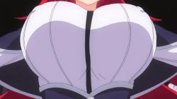 Rule 34 | 1girl, animated, animated gif, black neckwear, bouncing breasts, breast focus, breasts, covered erect nipples, demon girl, head out of frame, high school dxd, huge breasts, kuoh academy school uniform, long hair, necktie, red hair, rias gremory, school uniform, solo