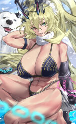 Rule 34 | 1girl, abs, absurdres, axe, bare shoulders, barghest (fate), battle axe, bear, biceps, bikini, black bikini, blonde hair, breasts, chain, cleavage, fairy knight gawain (ice warrior) (fate), fate/grand order, fate (series), gauntlets, green eyes, hair ornament, hair scrunchie, heterochromia, high ponytail, highleg, highleg bikini, highres, horns, huge breasts, long hair, looking to the side, muscular, muscular female, navel, nuo (fttv3255), open mouth, polar bear, red eyes, scarf, scrunchie, sidelocks, single gauntlet, smile, solo focus, swimsuit, thick thighs, thighs, weapon, white scarf