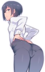 Rule 34 | 1girl, androgynous, ass, belt, black eyes, black hair, black legwear, collared shirt, em (totsuzen no hakike), expressionless, from behind, from below, hands on own back, kino (kino no tabi), kino no tabi, looking at viewer, looking back, looking down, pants, pantylines, shirt, short hair, simple background, solo, tomboy, white background, white shirt