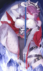Rule 34 | 1girl, absurdres, bare shoulders, black dress, blush, breasts, closed mouth, dress, elbow gloves, fishnet legwear, fishnets, genshin impact, gloves, highres, holding, holding polearm, holding spear, holding weapon, huge filesize, ice, large breasts, looking at viewer, manzai sugar, multicolored hair, nun, polearm, purple eyes, purple hair, rosaria (genshin impact), short hair, sleeveless, solo, spear, streaked hair, thigh strap, thighs, veil, weapon, white gloves
