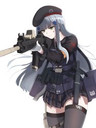 Rule 34 | 1girl, absurdres, assault rifle, bad id, bad pixiv id, bag, beret, black thighhighs, checkered clothes, checkered skirt, closed mouth, feet out of frame, girls&#039; frontline, gloves, green eyes, gun, h&amp;k hk416, hat, highres, hk416 (girls&#039; frontline), holding, holding bag, holding weapon, holster, holstered, long hair, looking at viewer, military, military uniform, rifle, rynn (rynn cube), silver hair, skirt, solo, standing, thighhighs, uniform, weapon, white background, white gloves