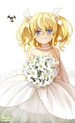 Rule 34 | 1girl, alternate costume, artist name, bare shoulders, blonde hair, blue eyes, bouquet, closed mouth, collarbone, commentary request, cowboy shot, detached collar, dress, elbow gloves, flower, flower-shaped pupils, gloves, glowworm (warship girls r), hair between eyes, hair flower, hair ornament, hair ribbon, head tilt, heart, highres, holding, holding bouquet, long hair, looking at viewer, mtyy, ribbon, sidelocks, smile, solo, strapless, strapless dress, symbol-shaped pupils, turtleneck, twintails, warship girls r, wedding dress, white background, white dress, white gloves, white ribbon