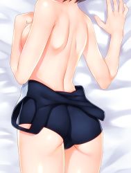 Rule 34 | 10s, 1girl, ass, bed sheet, blush, brave witches, breasts, clothes pull, dakimakura (medium), head out of frame, karibuchi hikari, lying, medium breasts, okina ika, on stomach, one-piece swimsuit, one-piece swimsuit pull, school swimsuit, school uniform, solo, swimsuit, world witches series