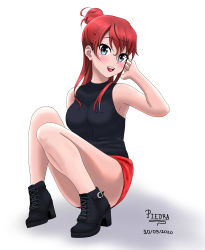Rule 34 | 1girl, :d, absurdres, blouse, blue eyes, breasts, high heels, highres, long hair, looking at viewer, medium breasts, mr piedra, open mouth, red hair, sakaki shizuka, self-upload, shadow, shirobako, shirt, short shorts, shorts, simple background, sitting, smile, solo, white background