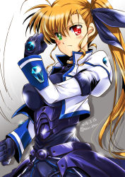 Rule 34 | 10s, 1girl, 2016, angry, blonde hair, bodysuit, clenched hands, dated, frown, green eyes, heterochromia, highres, jacket, long hair, lyrical nanoha, magical girl, mahou shoujo lyrical nanoha vivid, aged up, red eyes, san-pon, side ponytail, solo, twitter username, vivio