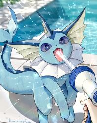 artist_name blue_eyes blue_sclera blue_skin blue_tail blurry blurry_background colored_sclera colored_skin creature_focus creatures_(company) day depth_of_field fangs fins game_freak gen_1_pokemon head_fins highres holding holding_hose hose kaminokefusa looking_at_viewer nintendo open_mouth outdoors pokemon pokemon_(creature) pokemon_focus poolside pov pov_hands solo_focus vaporeon water wet