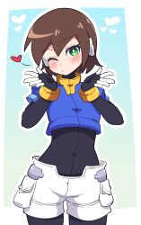 Rule 34 | 1girl, absurdres, aile (mega man zx), black bodysuit, blowing kiss, blue jacket, blush, bodysuit, brown hair, buzzlyears, closed mouth, green eyes, heart, highres, jacket, looking at viewer, mega man (series), mega man zx, one eye closed, short hair, short sleeves, shorts, solo, white shorts