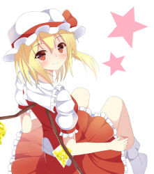 Rule 34 | 1girl, bad id, bad pixiv id, blonde hair, dress, female focus, flandre scarlet, hat, hat ribbon, looking at viewer, looking back, mob cap, puffy sleeves, red dress, red eyes, ribbon, ro-ichi, shirt, short sleeves, sitting, smile, solo, star (symbol), touhou, white background, wings
