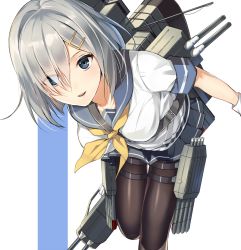 Rule 34 | 10s, 1girl, black pantyhose, blue eyes, breasts, female focus, gloves, hair ornament, hair over one eye, hairclip, hamakaze (kancolle), kantai collection, large breasts, machinery, nanotaro, open mouth, pantyhose, pleated skirt, school uniform, serafuku, short hair, silver hair, simple background, skirt, smile, solo, striped, striped background, torpedo, turret, white gloves