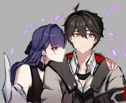 Rule 34 | 1boy, 1girl, adam (honkai impact), ahoge, anger vein, bare shoulders, bite mark, black hair, brown eyes, closed mouth, collared shirt, commentary, dress shirt, english commentary, grey background, grey jacket, hair between eyes, hand on another&#039;s shoulder, highres, honkai (series), honkai impact 3rd, jacket, long hair, mini2chainz, purple eyes, purple hair, raiden mei, raiden mei (apho), shirt, simple background, sweat, trembling, upper body, white shirt