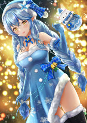Rule 34 | 1girl, amano kusatsu, black footwear, blue dress, blue gloves, blue hair, blue hat, blush, boots, bow, braid, braided tail, breasts, christmas, cleavage, dress, elbow gloves, from behind, gloves, hair bow, hand up, happy new year, hat, highres, hololive, long hair, looking at viewer, medium breasts, new year, open mouth, pointy ears, santa hat, smile, solo, standing, twin braids, virtual youtuber, white bow, yellow eyes, yukihana lamy