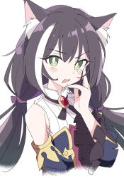 Rule 34 | 1girl, animal ear fluff, animal ears, black hair, cat ears, chinese text, detached sleeves, green eyes, ixy, karyl (princess connect!), long hair, looking at viewer, low twintails, multicolored hair, open mouth, princess connect!, simple background, simplified chinese text, solo, streaked hair, twintails, upper body, white background