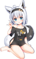 Rule 34 | 1girl, absurdres, aged down, animal ears, bare legs, barefoot, black hairband, black shirt, blue eyes, fox ears, fox girl, fox shadow puppet, fox tail, grandapple71, hairband, highres, hip vent, hololive, looking at viewer, nejima kitsune (shirakami fubuki), no pants, off shoulder, shirakami fubuki, shirakami fubuki (loungewear), shirt, short hair, short sleeves, simple background, single bare shoulder, sitting, tail, virtual youtuber, white background, yokozuwari